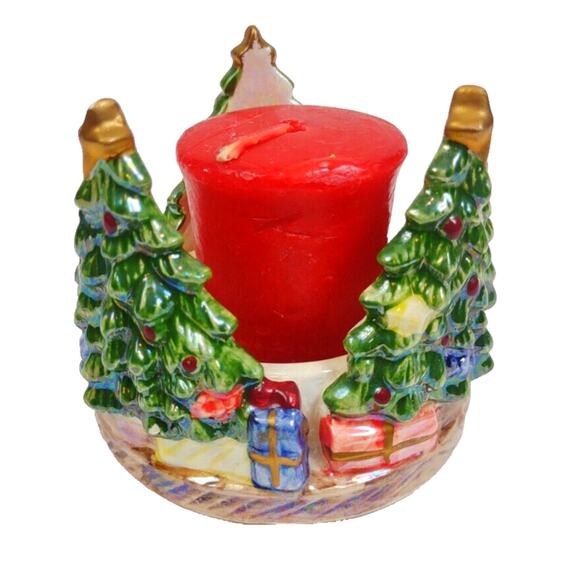 VTG Ceramic Christmas T- Light Holder by Gift Link 2003 Detailed Tree w Presents - Picture 1 of 7